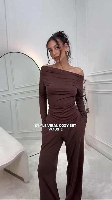 Женский базовый прогулочный костюм двойка: лонгслив и штаны микродайвинг Шоколадный, 44/46 Одесса - изображение 2