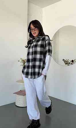 Женский повседневный костюм двойка: рубашка в клетку и штаны турецкая фланель + двунитка Черный Одесса