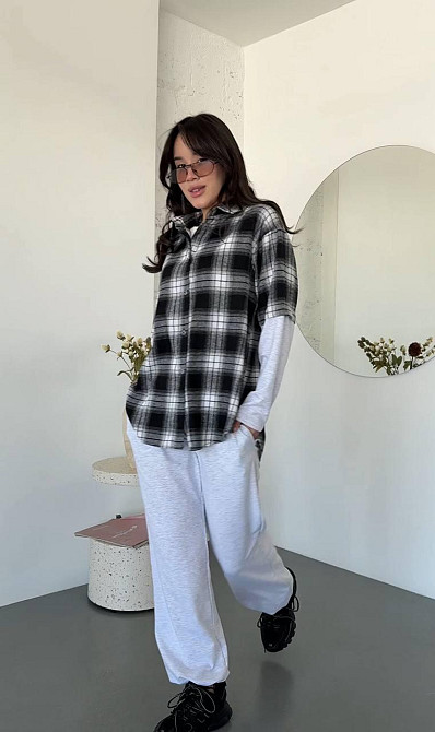 Женский повседневный костюм двойка: рубашка в клетку и штаны турецкая фланель + двунитка Черный Одесса - изображение 1