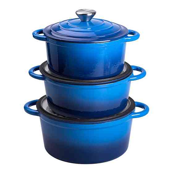 Набір чавунного посуду для приготування 3 каструлі та сковорода з емальованим покриттям Синій HP-1-8 Київ