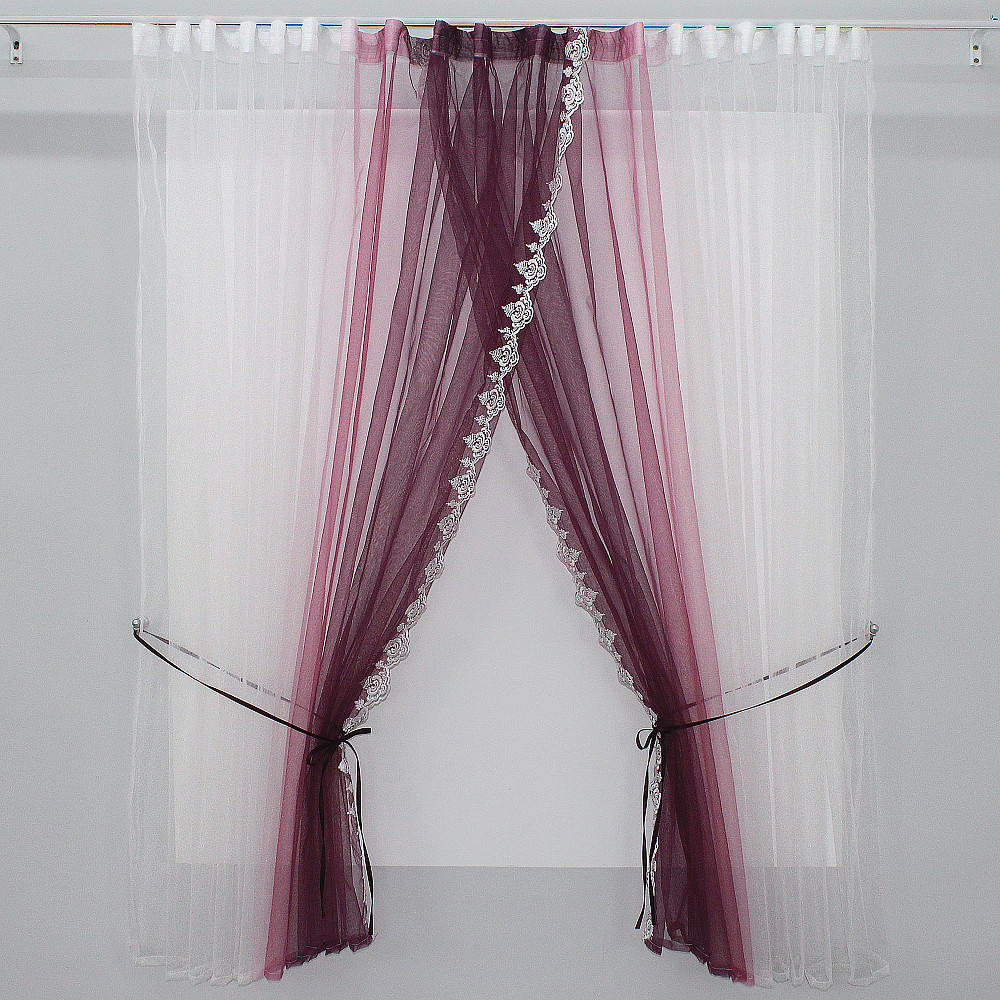 Кухонные шторки VR-Textil № 100к с подвязками белый с марсала 490х170 см (50-829) Киев - изображение 1