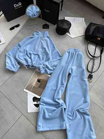 Женский теплый повседневный костюм двойка турецкий двусторонний флис полар Голубой Одесса