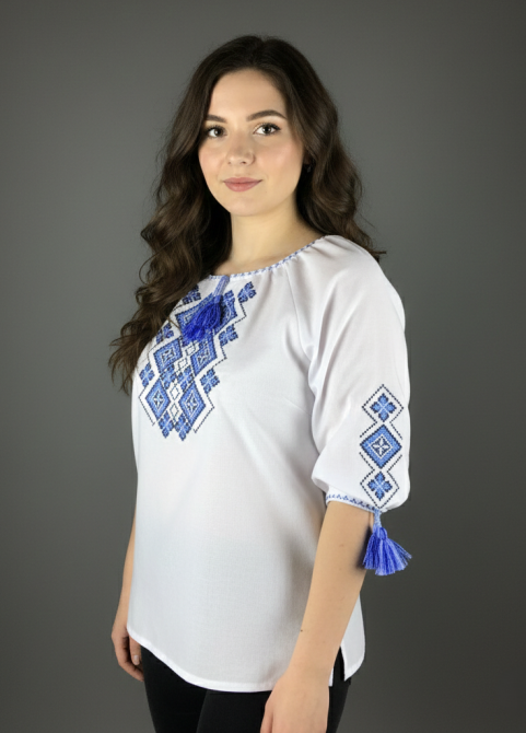 Жіноча  натуральна вишита сорочка із домотканого полотна з синім орнаментом Київ - фото 2