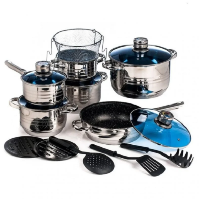 Большой набор кухонной посуды из нержавеющей стали UNIQUE UN-5039 19 предметов, четыре кастрюли, ковш Одесса - изображение 1