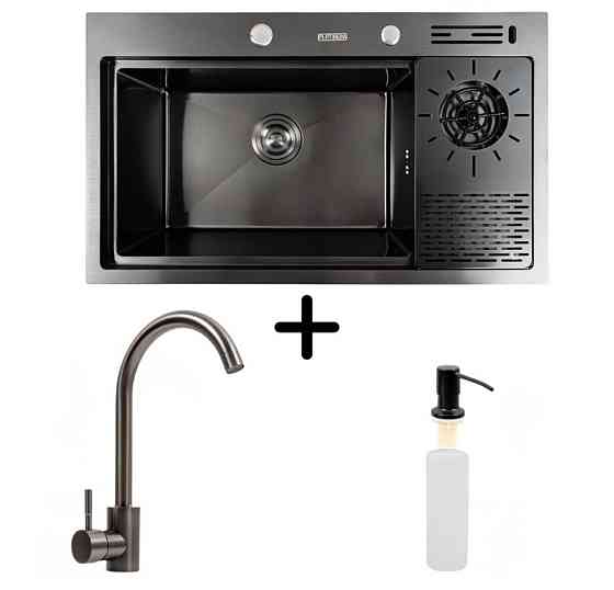Кухонна мийка PVD 78*46 чорна Platinum Handmade з кухонним змішувачем + дозатор та коландер Коломыя