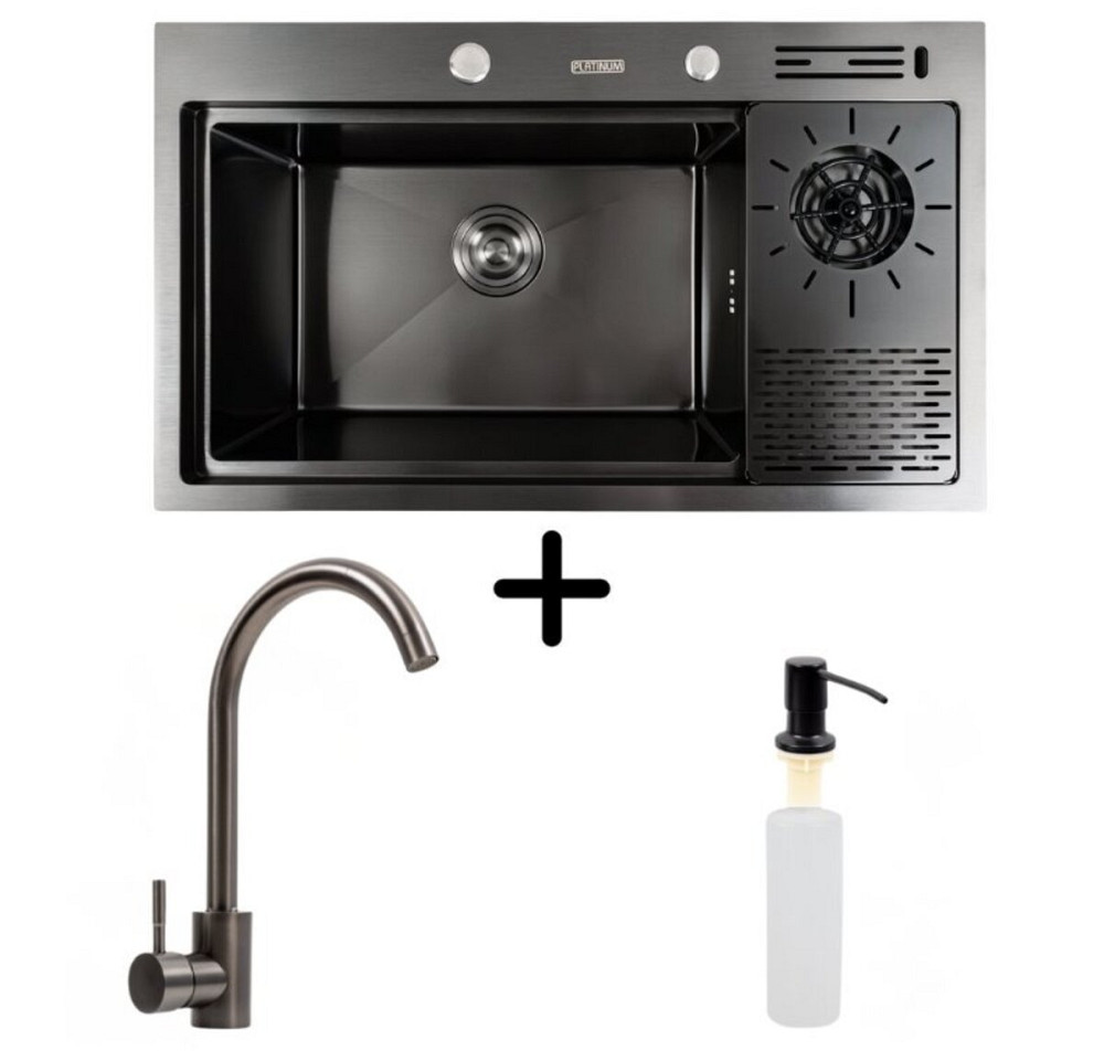 Кухонна мийка PVD 78*46 чорна Platinum Handmade з кухонним змішувачем + дозатор та коландер Коломыя - изображение 4