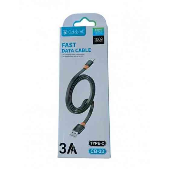 Плоский кабель Celebrat CB-33 USB – Type-C 3A, 1 м, швидка зарядка та передача даних, чорний Київ
