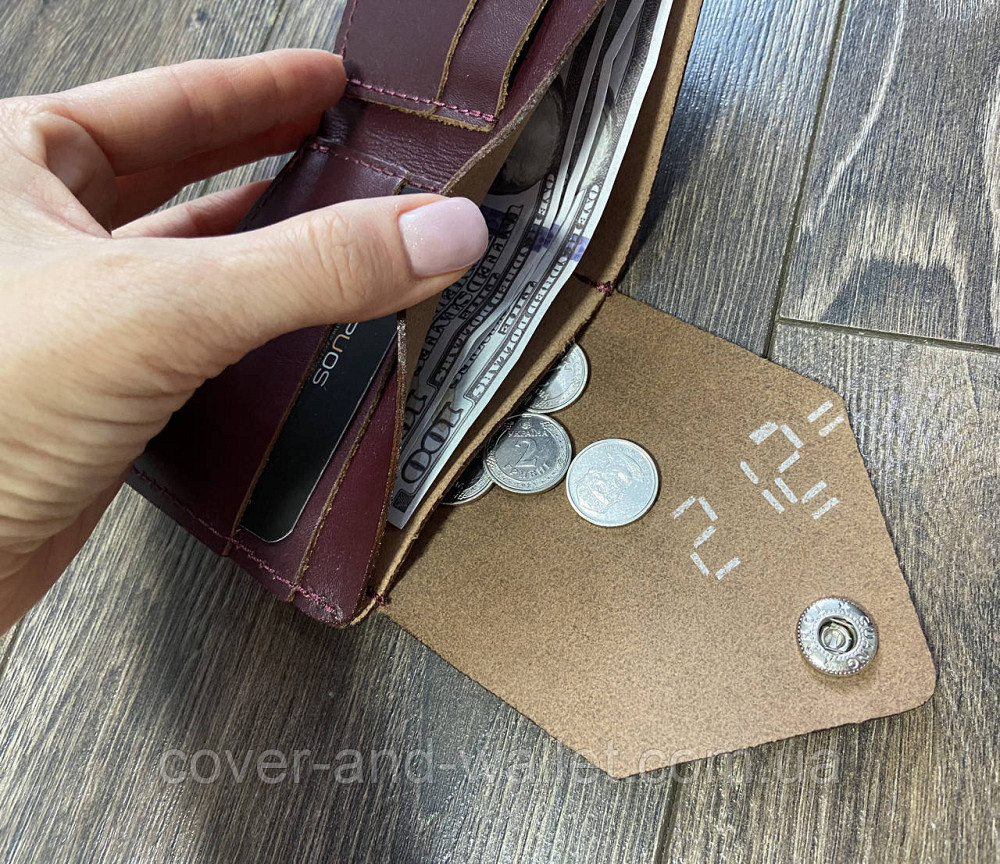 Компактний шкіряний гаманець ручної роботи бордового кольору Puos 545661 Київ - фото 6