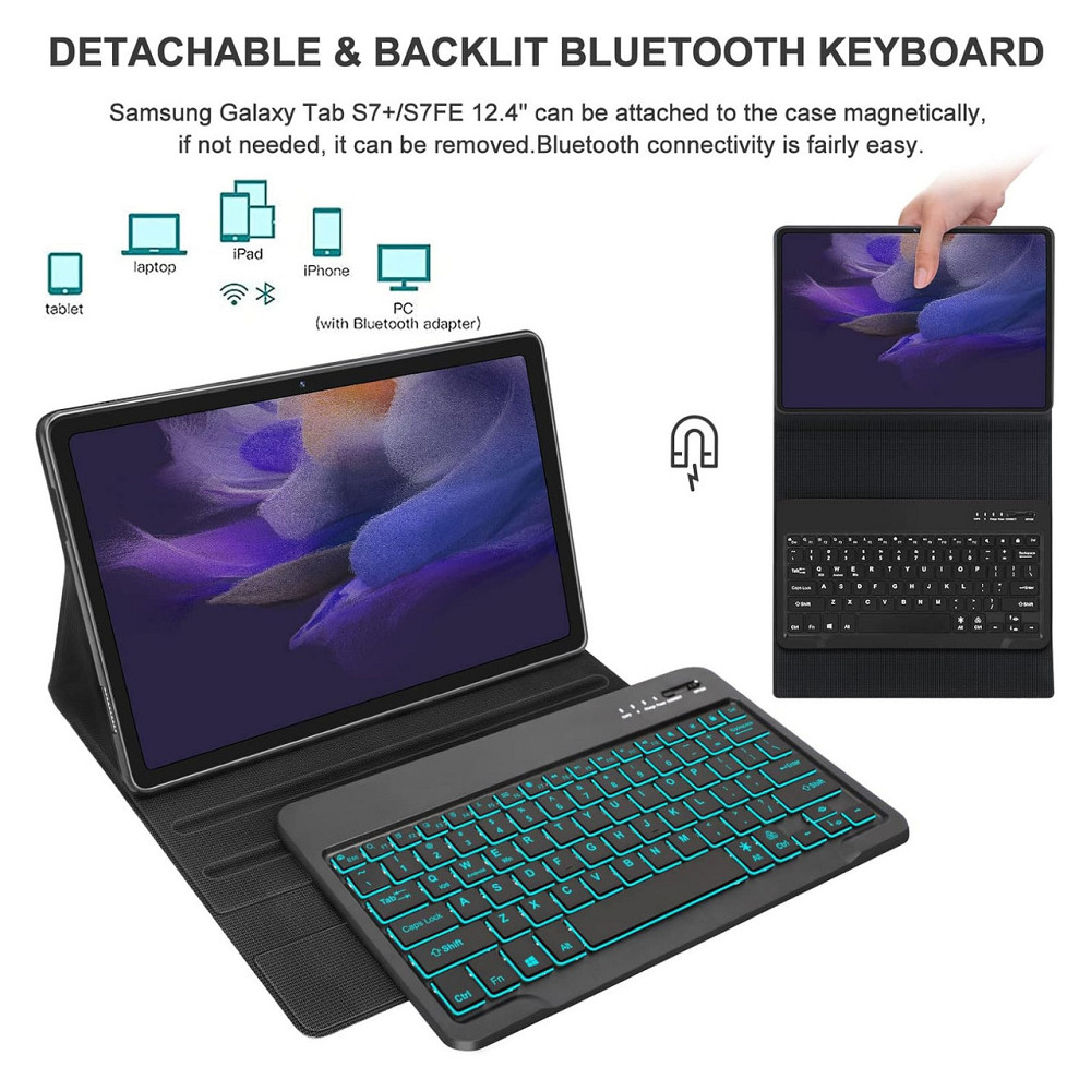 Чохол-клавіатура для Samsung Galaxy Tab S7 FE / S7 / S8 Plus 12.4'' чорний Bluetooth підсвітка відстібається QWERTY Spanish Київ - фото 3