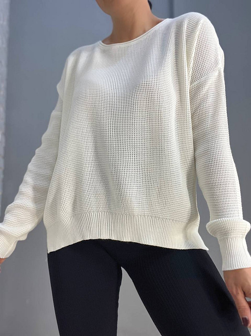 Свитер женский MIX RAY 6183 тонкий вафельный разрез по бокам оверсайз свободный крой, белый, one size Киев - изображение 9