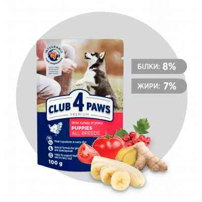 Влажный корм для собак Club 4 Paws для щенков с индейкой в соусе 100 г (4820215363198) Винница