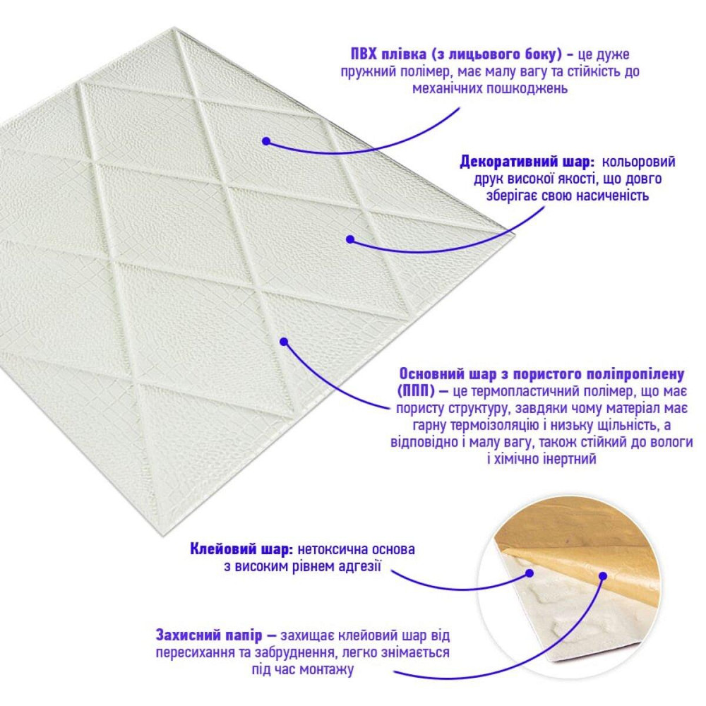 Самоклеюча декоративна настінно-стельова 3D панель Ромби під шкіру 700х700х6мм (161) SW-00000221 Дніпро - фото 2