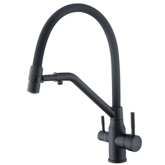 Кухонный смеситель Zerix MAG-021 Black Refl.Black с силиконовым изливом из нержавеющей стали SUS304 с выводом для питьевой воды Харьков