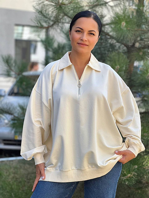 Свитшот женский MY CITY 8779 супер оверсайз свободный воротник молния one size, молочний, one size Киев - изображение 5