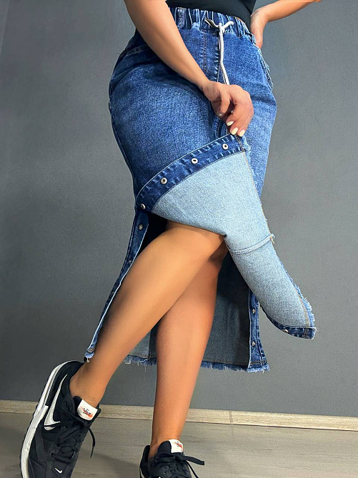 Спідниця жіноча джинсова ZJY 8039 талія на резинці з боковими розрізами синя, синій, З6, 36, 98 см,  Одеса - фото 3