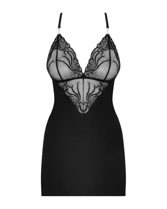 Сатиновий комплект для сну з мереживом Obsessive 828-CHE-1 chemise & thong S/M, чорний, сорочка, стр Львов - изображение 5