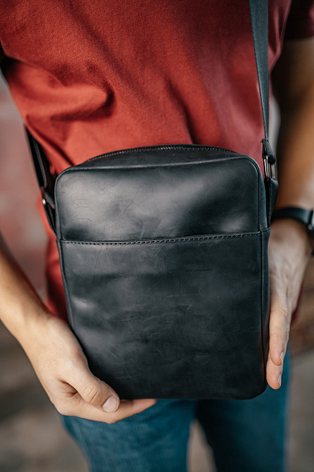 Чоловіча каркасна барсетка, чорна сумка через плече з натуральної шкіри Crazy HorseMasterSem Київ - фото 1