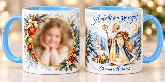 Чашка з фото на День Святого Ніколая — подарунок дитині, керамічний кухоль із персональним фотодруком Блакітна Одеса