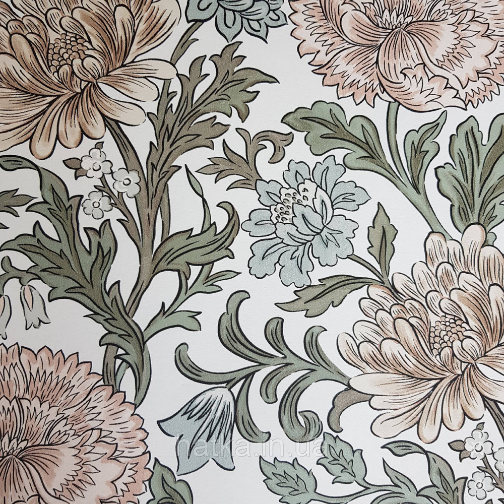 Обои флизелиновые эко Rasch Salisbury 0.53х10 цветы крупные коричневые розовые серые на белом Киев - изображение 1
