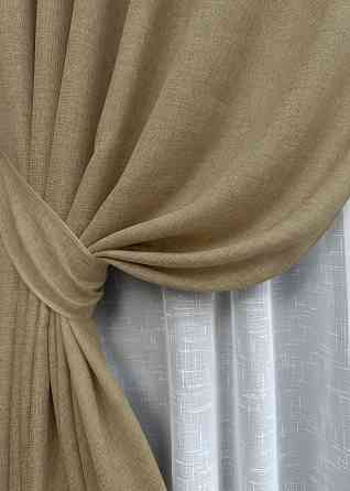 Комплект штор VR-Textil Льон Мішковина 150х270 2шт і Тюль 400х270 673ш-115т Капучино з білим 71-035/3 Київ