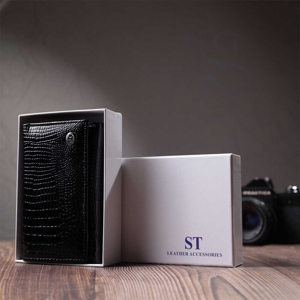 Жіночий гаманець у три складання з лакованої фактурної натуральної шкіри Чорний (ST Leather) Київ - фото 4