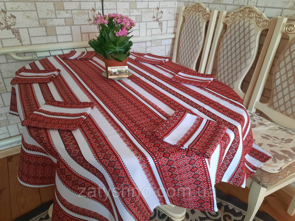 Красная скатерть вышитая с салфетками 6 штук Киев - изображение 3