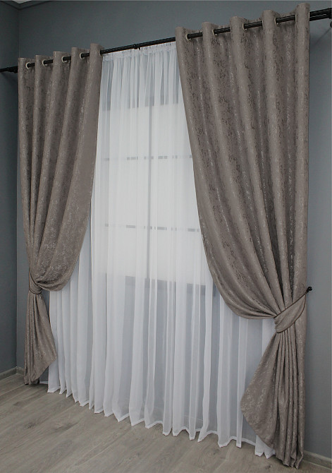 Комплект штор на люверсах VR-Textil Льон мармур Pavliani № 1373ш 150х250 см 2 шт Коричнево-сірий (37-0046) Київ - фото 3