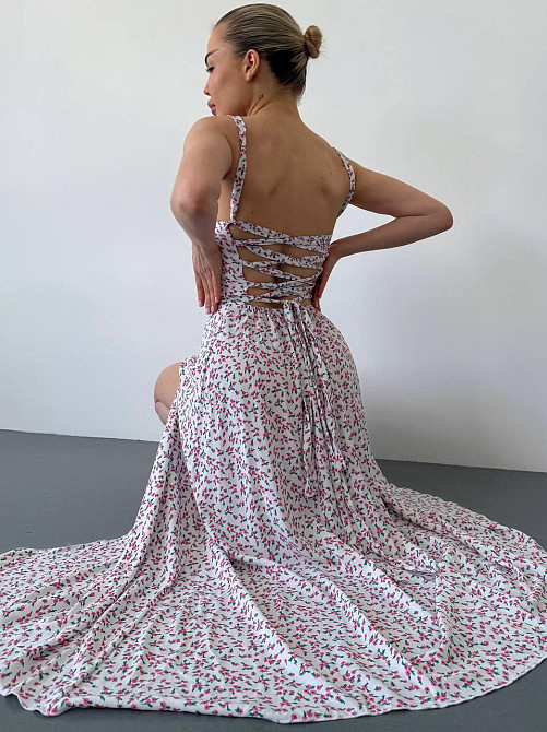 Женское романтичное платье макси на бретелях с разрезом штапель 42/44, Белый Одесса - изображение 7