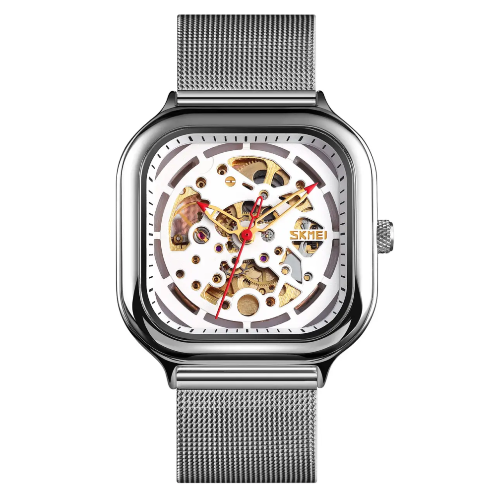 Чоловічий механічний годинник Skmei 9184 скелетон (Сріблястий з білим циферблатом) Вінниця - фото 1
