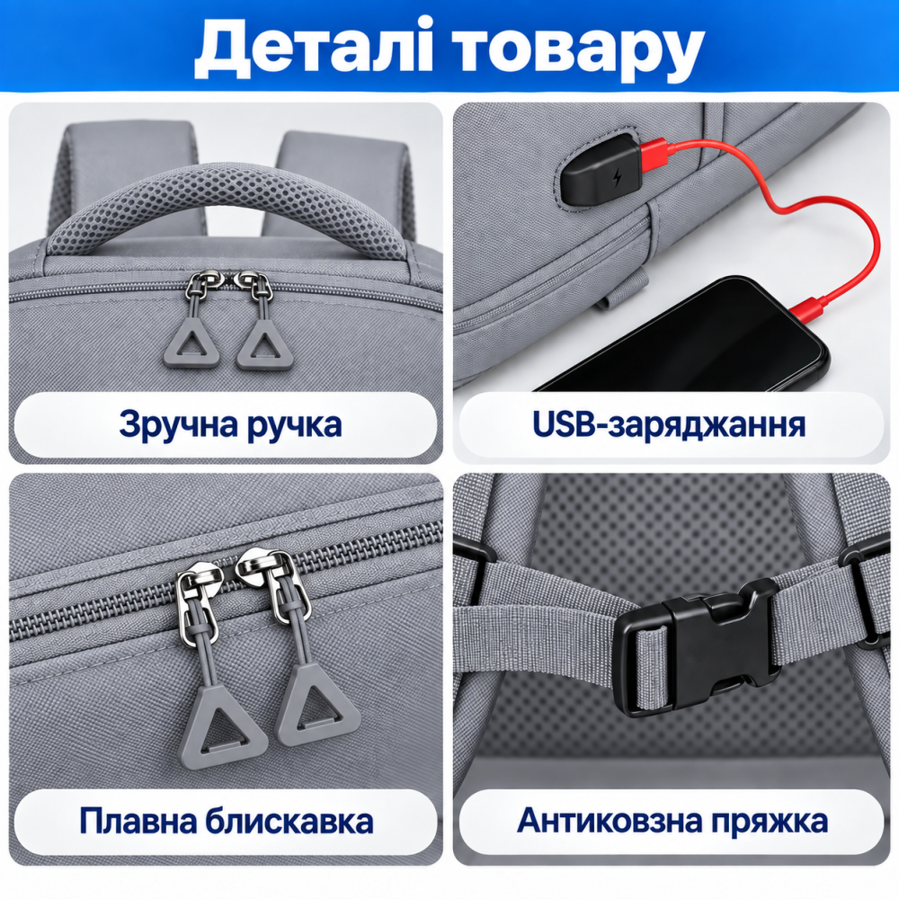 Рюкзак дорожный для ноутбука и аксессуаров для путешествий городской влагоcтойкий 40х20х30 см,серый Каменец-Подольский - изображение 9