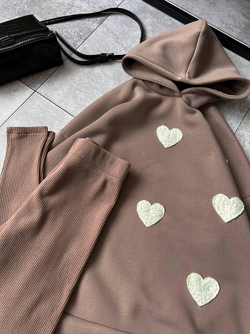 Жіночий теплий прогулянковий костюм-двійка з сердечками тринитка на флісі + ангора рубчик Моко, 42/44 Одеса - фото 7