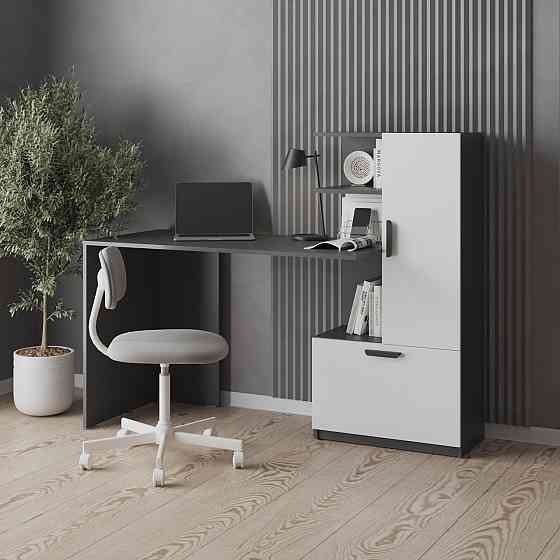 Компьютерный стол VAYS M-52 Антрацит-Белый, с тумбой и полками направо, письменный стол для дома и офиса, ЛДСП, 150×58×122 см Антрацит-Белый Львов