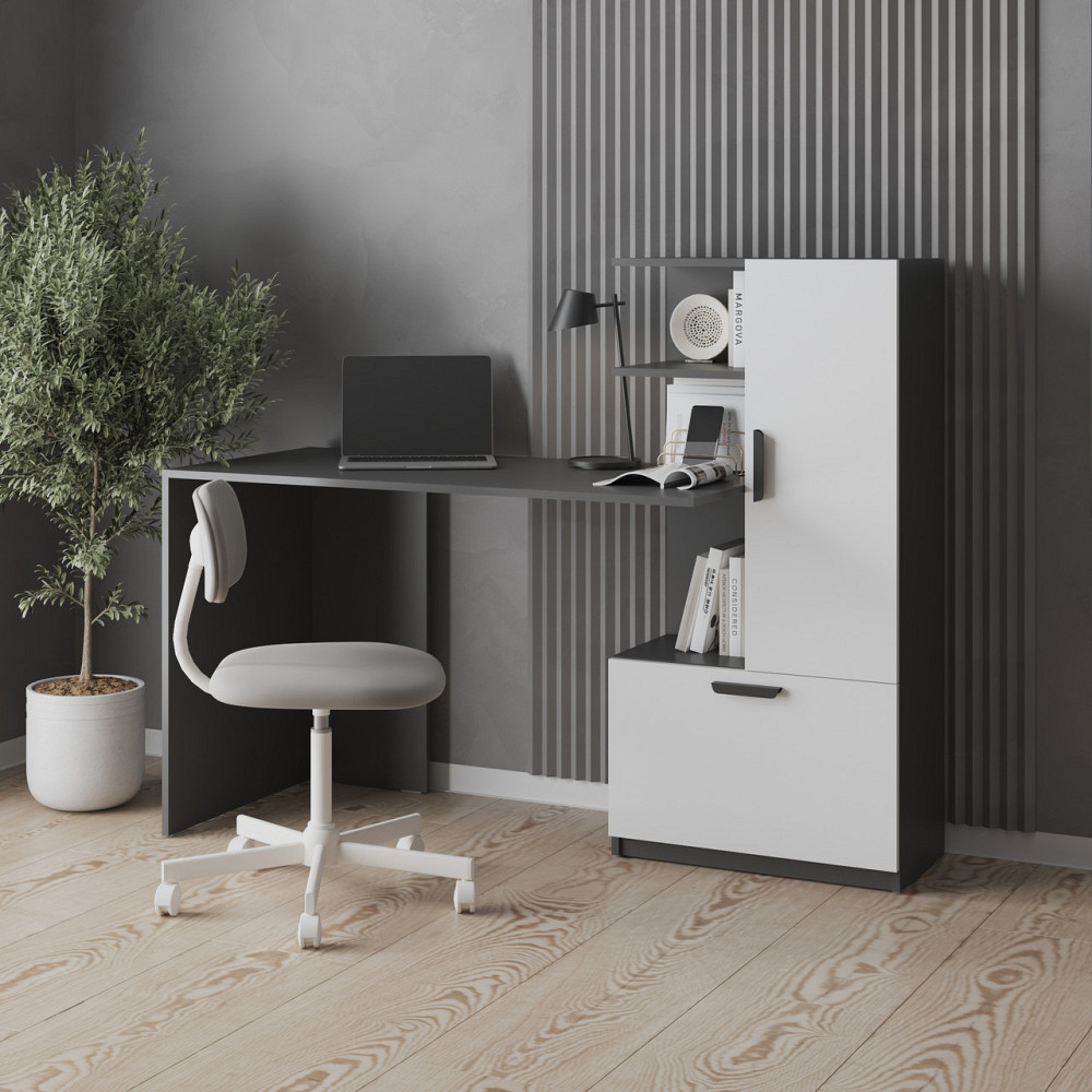 Компьютерный стол VAYS M-52 Антрацит-Белый, с тумбой и полками направо, письменный стол для дома и офиса, ЛДСП, 150×58×122 см Антрацит-Белый Львов - изображение 1