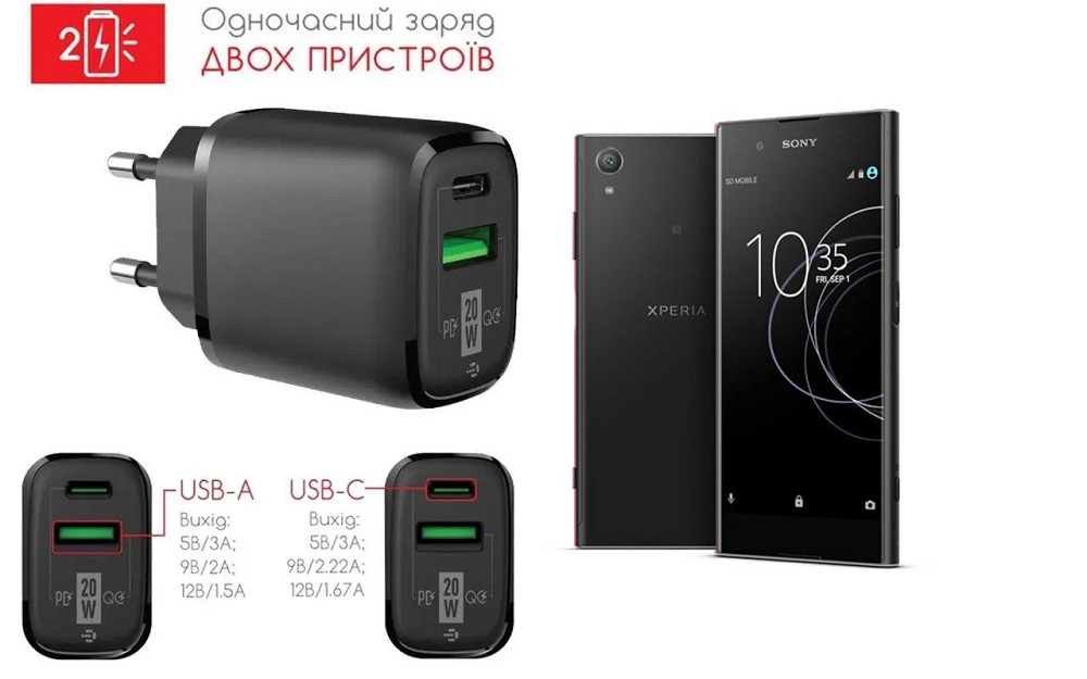 Сетевое зарядное устройство для Sony Xperia XA1 Plus G3412, 20W 3A, Quick Charge 3.0 Киев - изображение 1