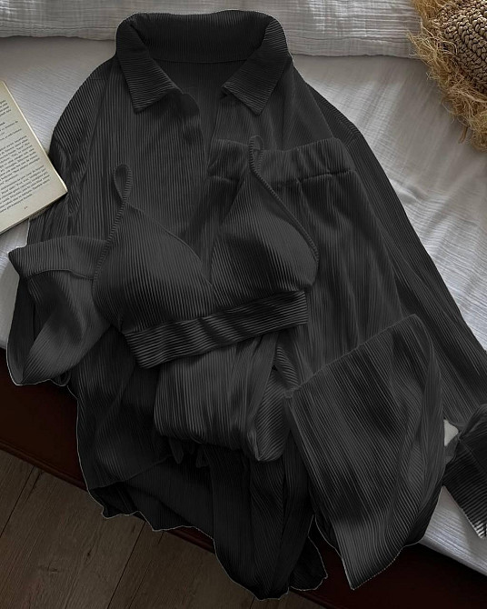 Женский легкий базовый костюм тройка: рубашка топ и штаны плиссе 48/50, Черный Одесса - изображение 4