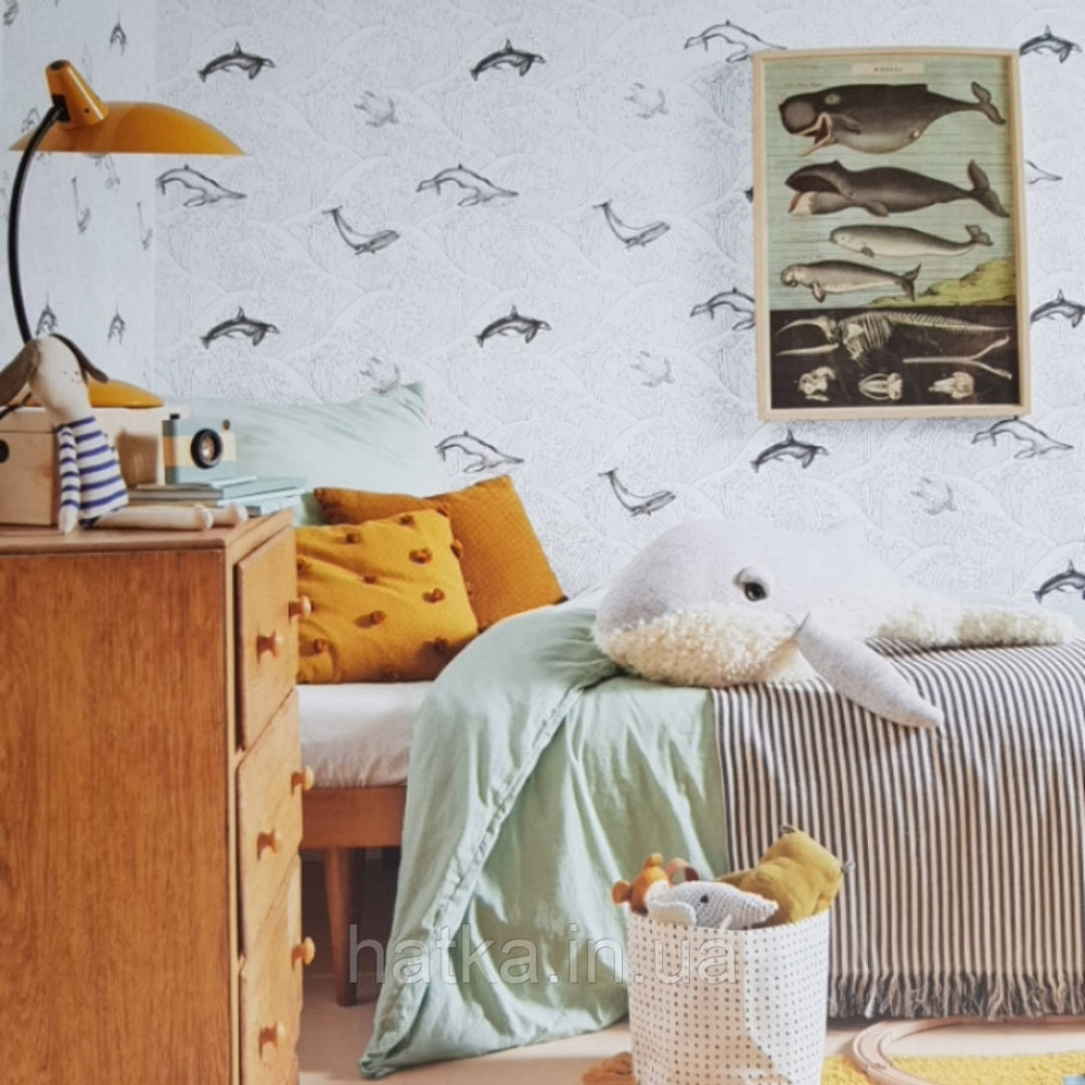 Обои флизелиновые детские  Caselio Our Planet море дельфины киты черепахи черные на белом Киев - изображение 1