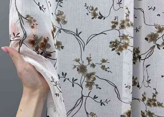 Тюль VR-Textil 1326т Flora Батист Білий с коричнево-черным принтом 400х270 см (42-0978) Киев