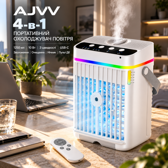 Портативний охолоджувач повітря AJVV 4-в-1, 10 Вт, 1250 мл, USB-C, 3 швидкості, зволожувач і нічник, білий Київ
