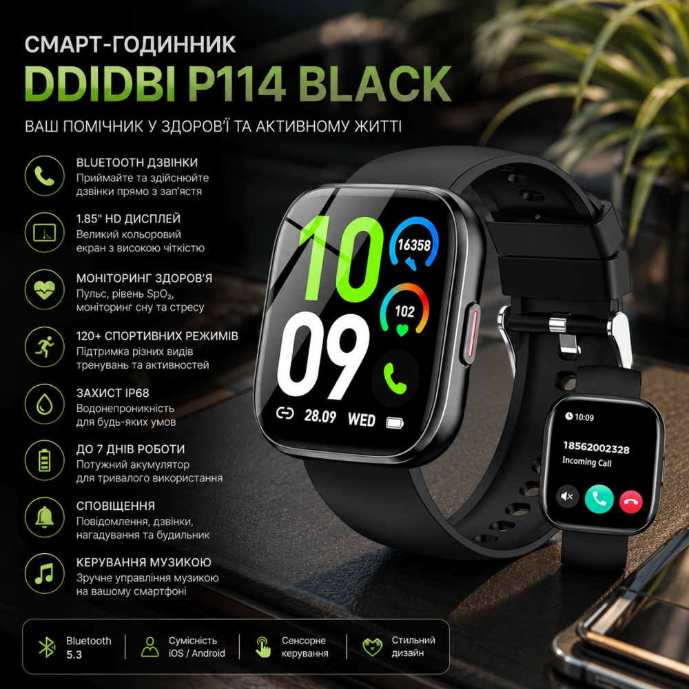 Смарт-годинник Ddidbi P114 Black, Bluetooth 5.3, дзвінки, 1.85", IP68, пульс, SpO₂, 120+ спортивних режимів Київ - фото 10