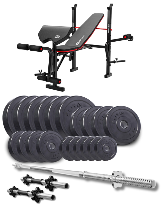 Набір Elitum Titan 109кг з лавою HS-1055 Pro, штангою та гантелями Киев - изображение 1