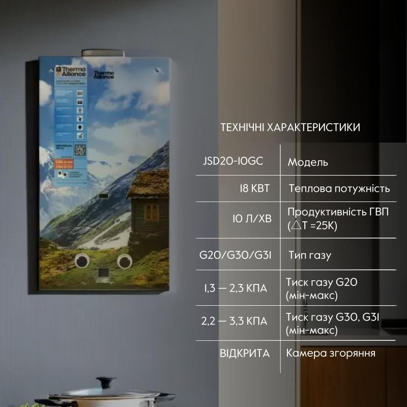 Газовая колонка дымоходная Thermo Alliance JSD20-10GC, 10 л, стеклянная панель с рисунком 