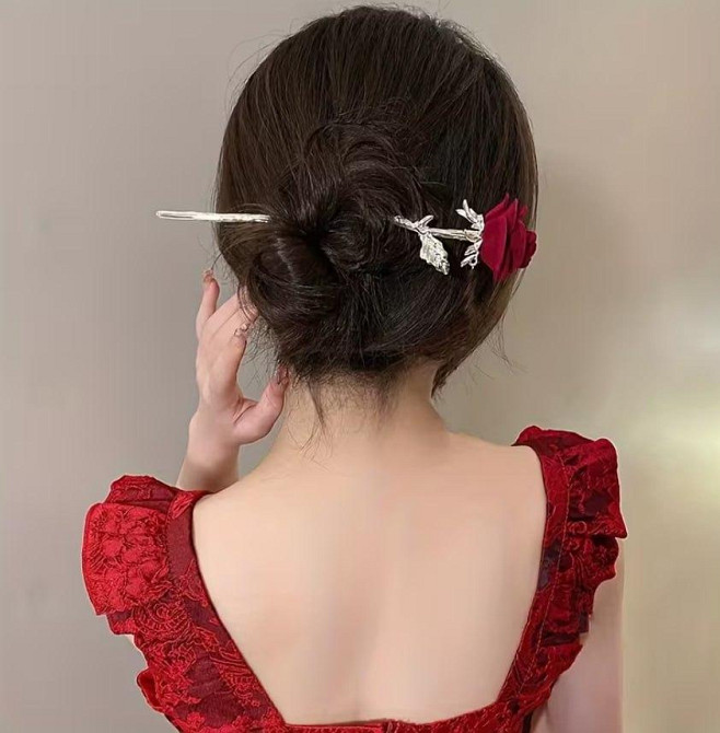 Шпилька для волос с декоративной розой, красная, 1 шт Киев - изображение 3