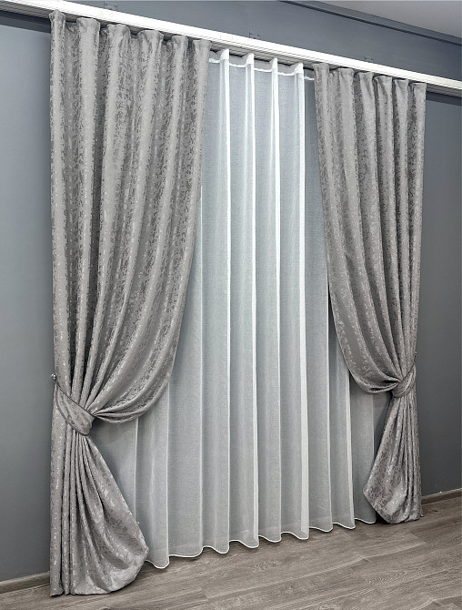Комплект штор VR-Textil Лен Мрамор 150х270 2шт и Тюль 500х270 1714ш-1276т Серый с белым 71-009/4 Киев - изображение 2