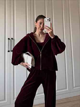 Жіночий стильний костюм-трійка: кофта топ і штани з турецького плюшевого велюру Бургунді, 46/48 Одеса