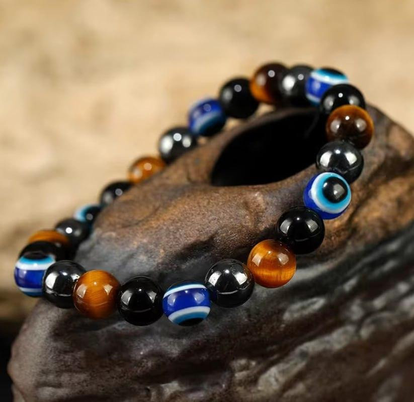 Браслет из натуральных камней тигровый глаз, гематит, обсидиан и бусины глаз от сглаза, мужской браслет на резинке Киев - изображение 2