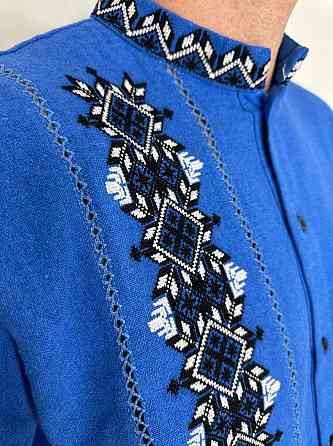 Мужская вышиванка в традиционном украинском стиле домотканый лен Голубой, 46 Одесса