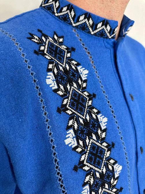 Мужская вышиванка в традиционном украинском стиле домотканый лен Голубой, 46 Одесса - изображение 3