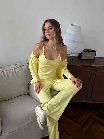 Жіночий повсякденний костюм-трійка: кофта топ і штани з мікродайвінгу Лимонний, 42/46 Одеса