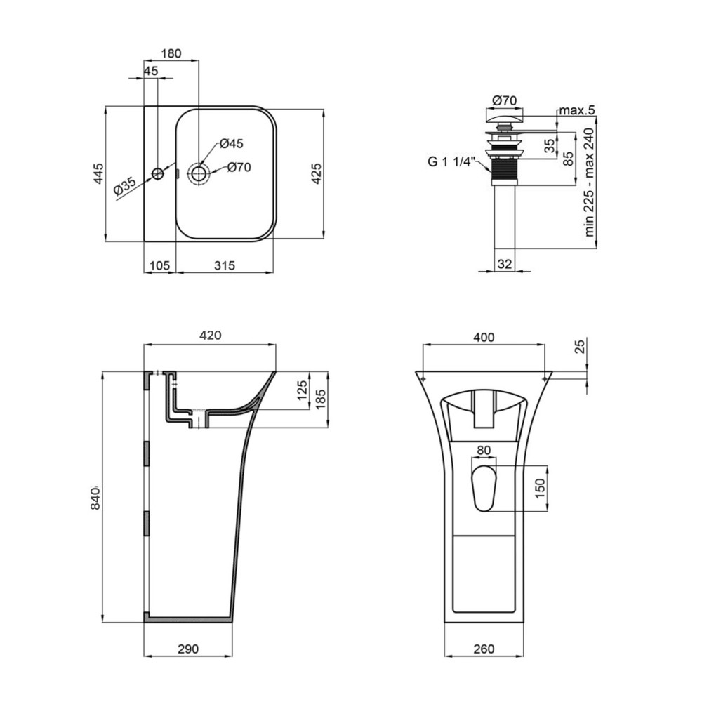 Комплект Qtap Crow: Раковина підлогова моноблок 445x420x840 мм White + Донний клапан PU02O Київ - фото 2