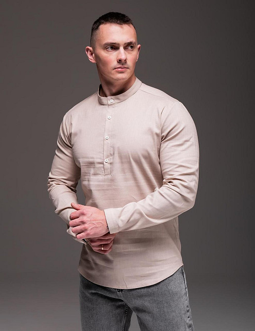 Чоловіча лляна сорочка з довгим рукавом і коміром стійка - бежева літня модель L Одеса - фото 6